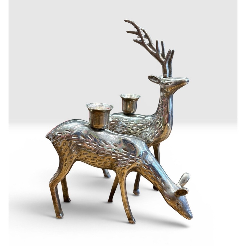Pair Vintage Silver Over Brass Stag Deer Candle Holder Holiday